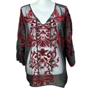 Chico's XL 3 chicos Travelers Chiffon Top Velvet Burnout Black red Art Boho NWT